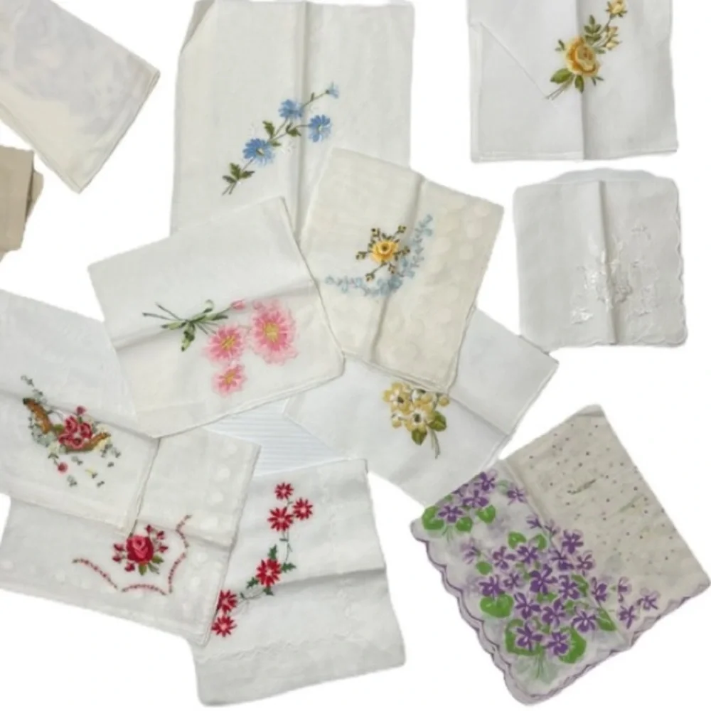 Vintage Gloves & Vintage Handkerchief Set Romantic Floral Antique Linen Bundle